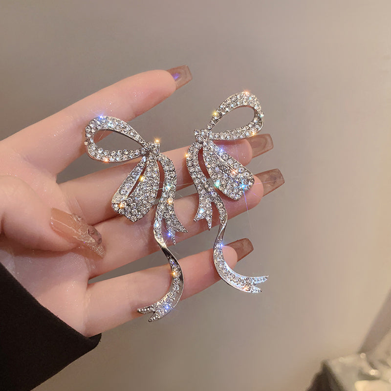Exaggerated Big Rhinestone Butterfly Knot Stud Earrings