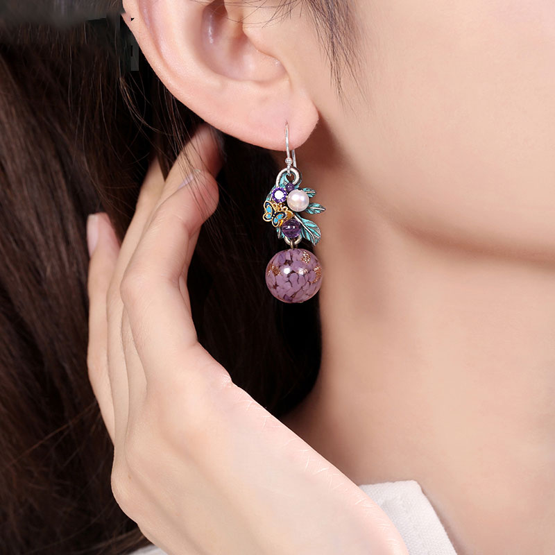 Purple Glaze Flower Dangle Clip-on Hook Earrings