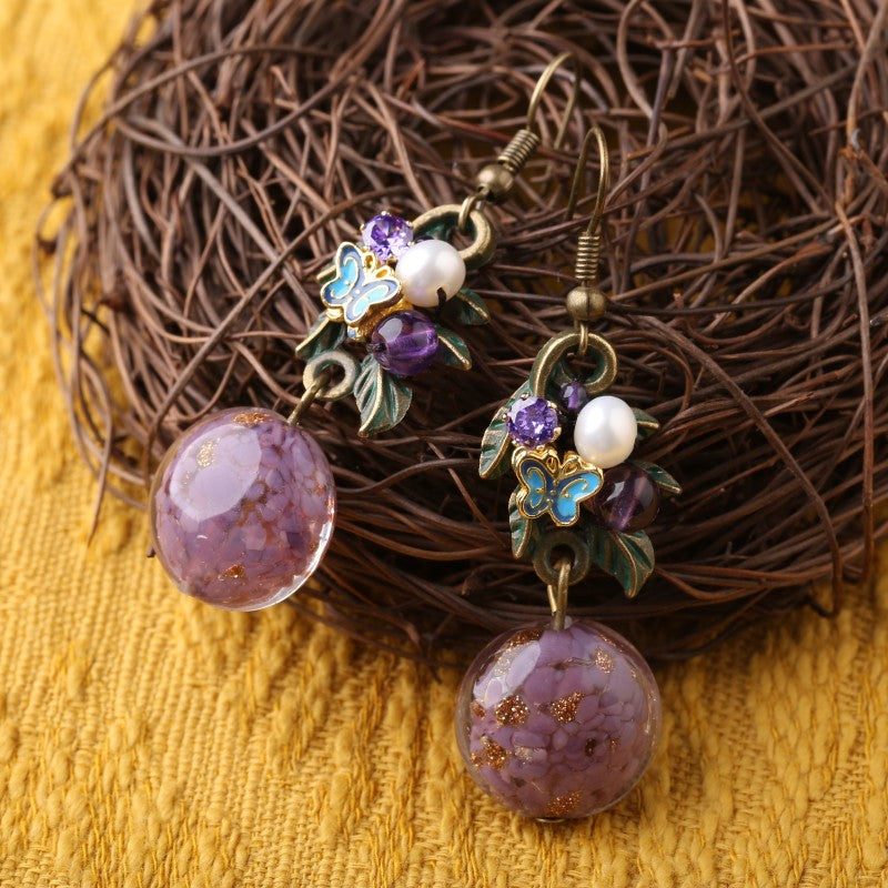 Purple Glaze Flower Dangle Clip-on Hook Earrings