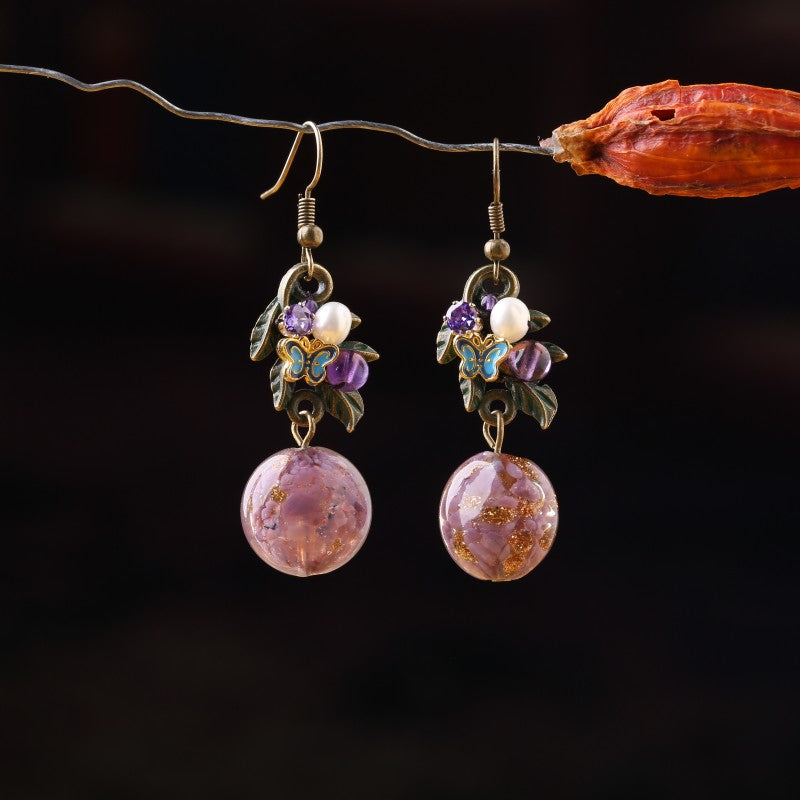 Purple Glaze Flower Dangle Clip-on Hook Earrings