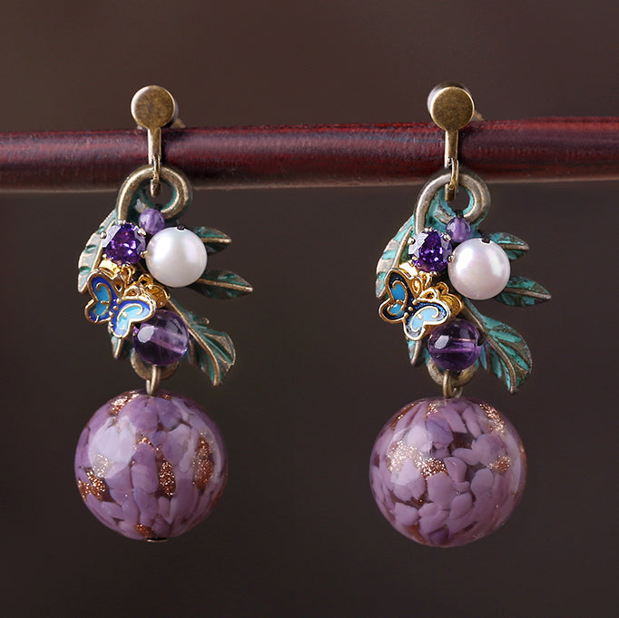 Purple Glaze Flower Dangle Clip-on Hook Earrings