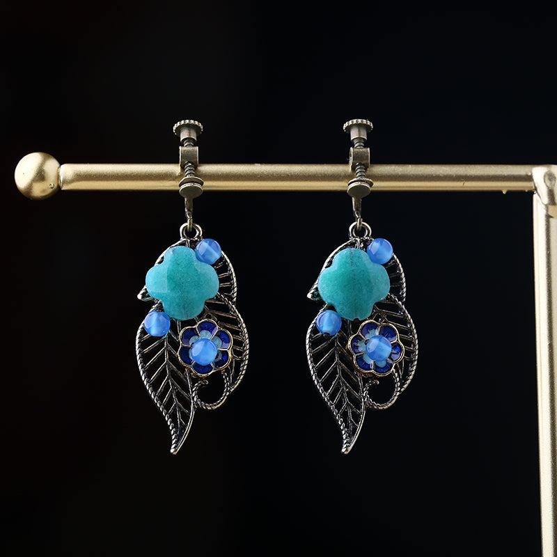 Alloy Leaf Bule Jade Dangle Clip-on Hook Earrings