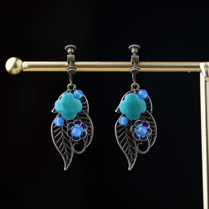 Alloy Leaf Bule Jade Dangle Clip-on Hook Earrings