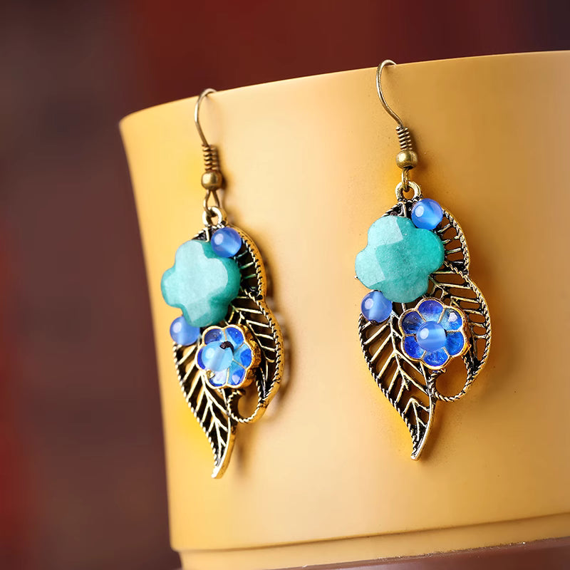 Alloy Leaf Bule Jade Dangle Clip-on Hook Earrings