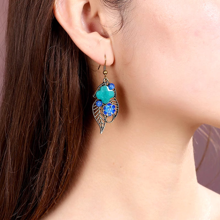 Alloy Leaf Bule Jade Dangle Clip-on Hook Earrings