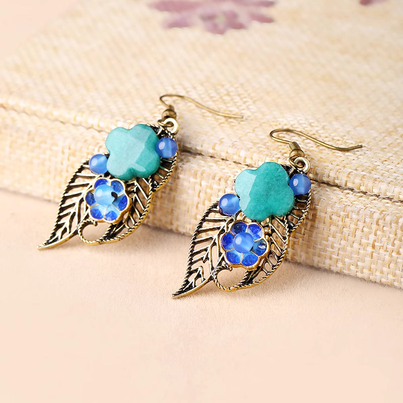 Alloy Leaf Bule Jade Dangle Clip-on Hook Earrings