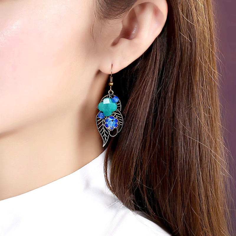 Alloy Leaf Bule Jade Dangle Clip-on Hook Earrings