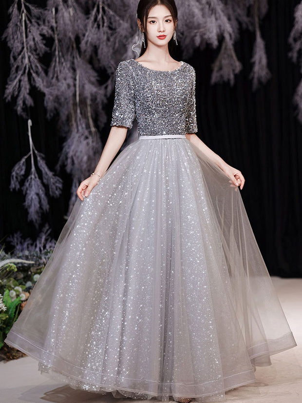Shimmery Sequined Fit & Flare Full Length Tulle Prom Dress