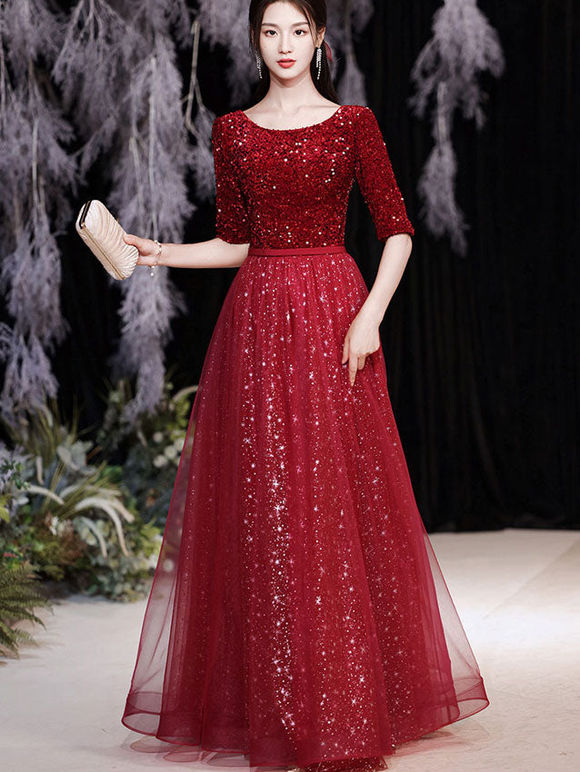 Shimmery Sequined Fit & Flare Full Length Tulle Prom Dress