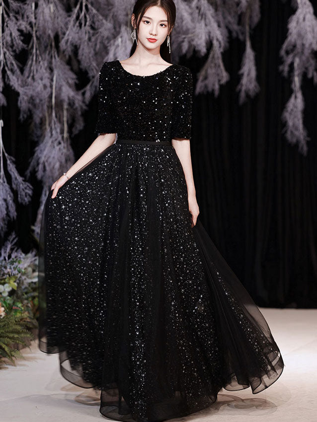 Shimmery Sequined Fit & Flare Full Length Tulle Prom Dress