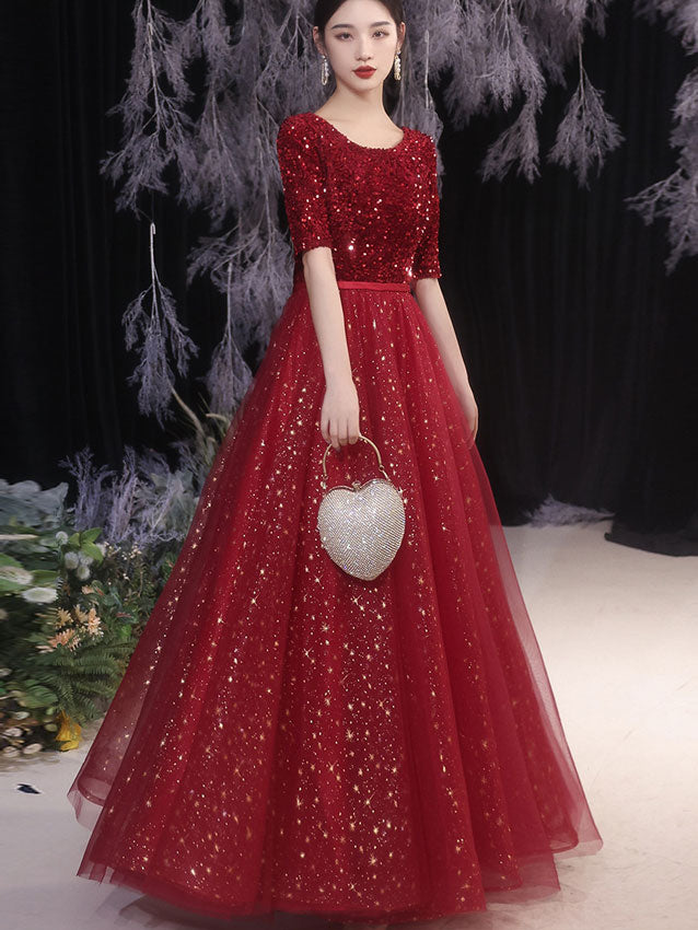 Shimmery Sequined Fit & Flare Full Length Tulle Prom Dress