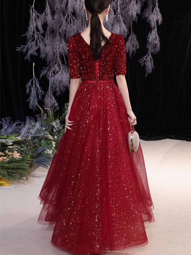 Shimmery Sequined Fit & Flare Full Length Tulle Prom Dress