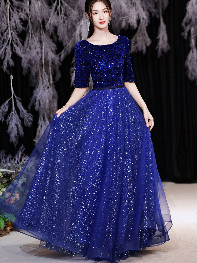 Shimmery Sequined Fit & Flare Full Length Tulle Prom Dress