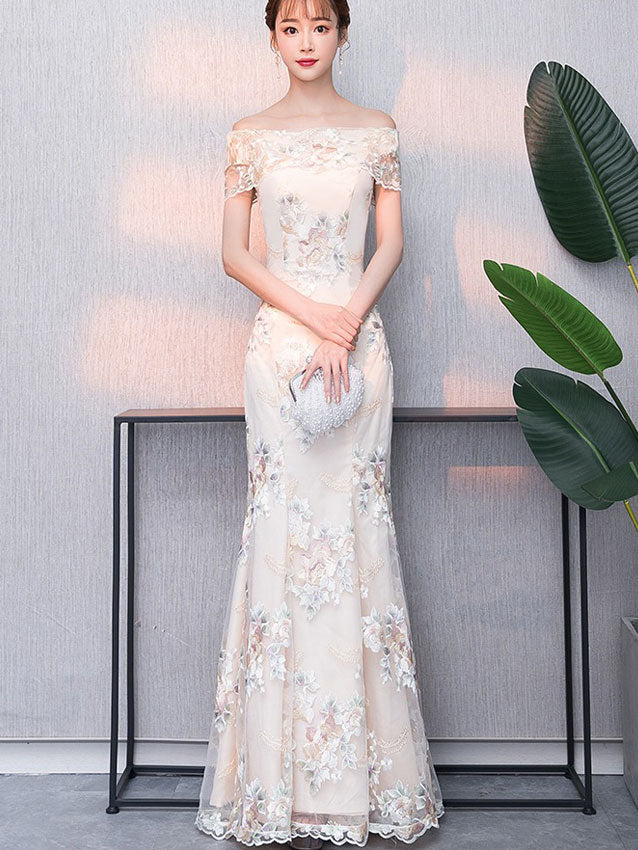 Off Shoulder Floral Embroidered Fishtail Maxi Dress