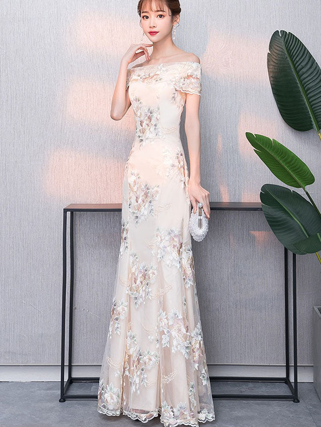 Off Shoulder Floral Embroidered Fishtail Maxi Dress