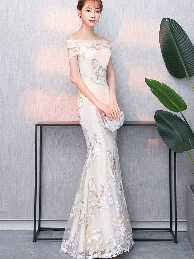 Off Shoulder Floral Embroidered Fishtail Maxi Dress