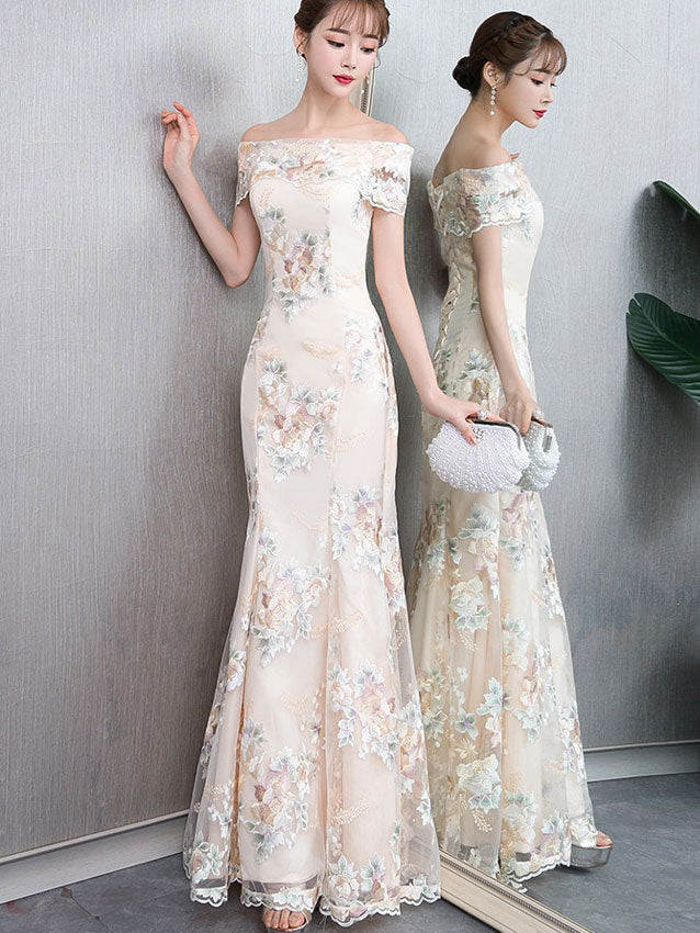 Off Shoulder Floral Embroidered Fishtail Maxi Dress