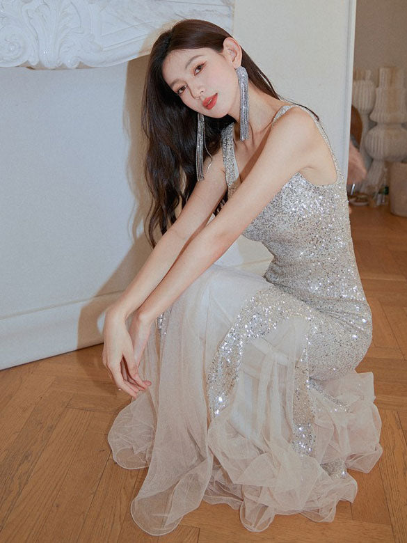 V-neck Sequined Mermaid Fishtail Maxi Dress