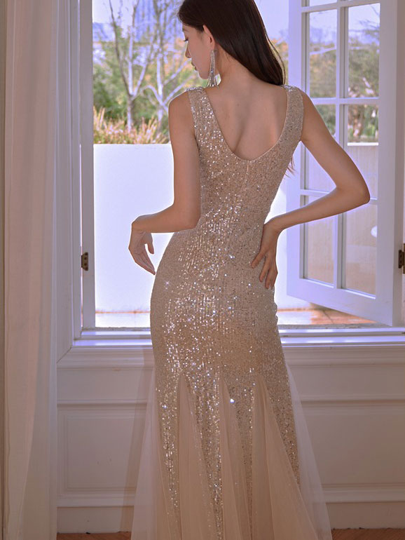 V-neck Sequined Mermaid Fishtail Maxi Dress
