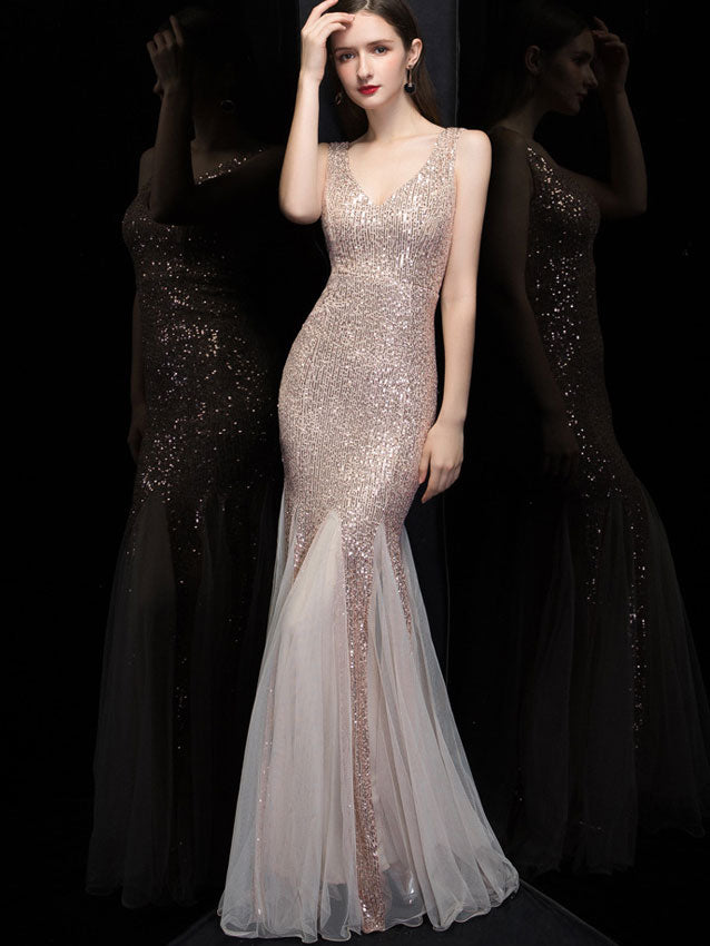 V-neck Sequined Mermaid Fishtail Maxi Dress