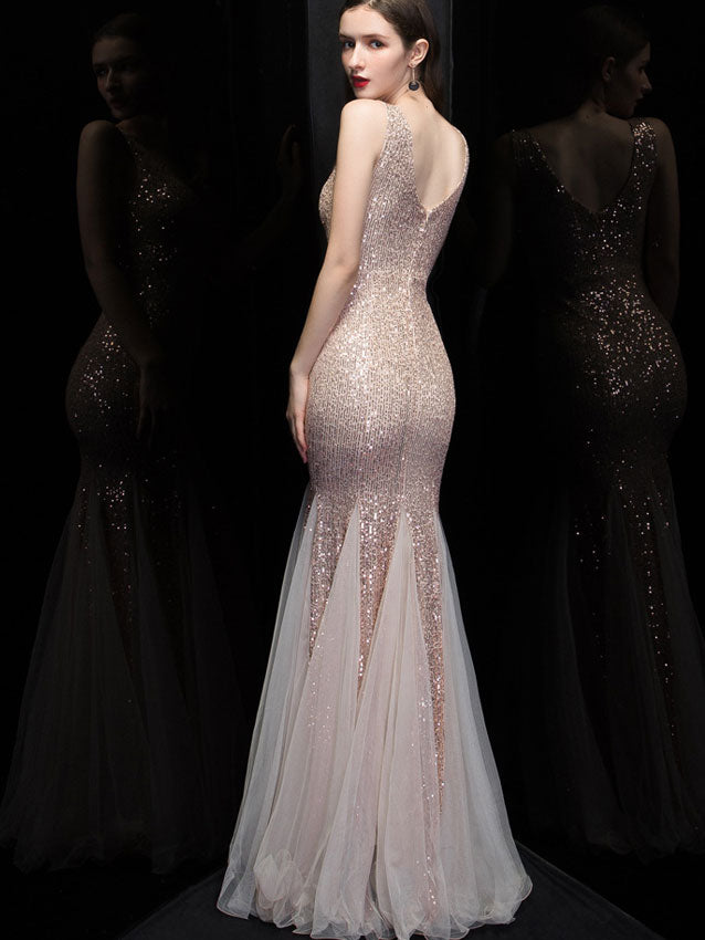 V-neck Sequined Mermaid Fishtail Maxi Dress