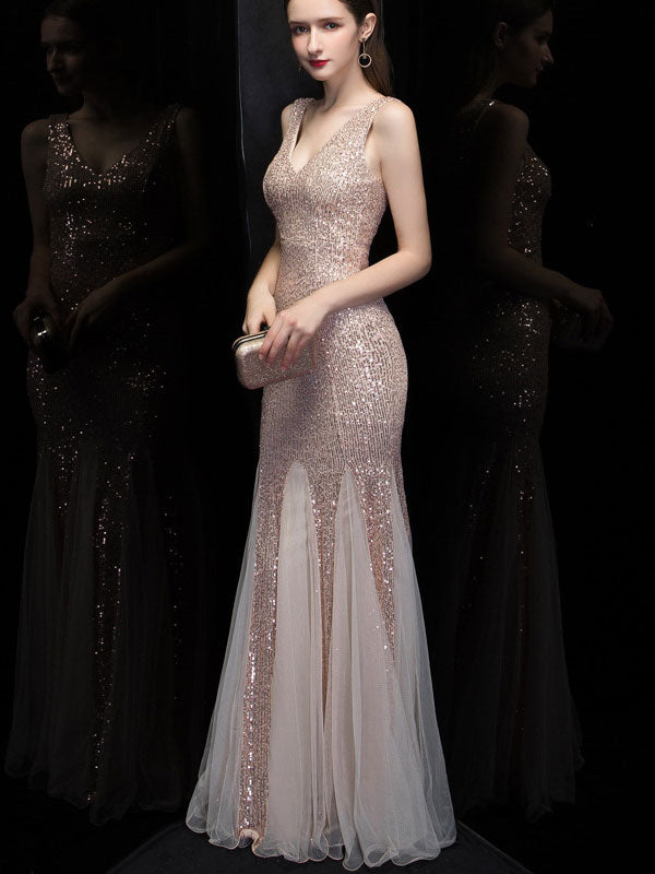 V-neck Sequined Mermaid Fishtail Maxi Dress