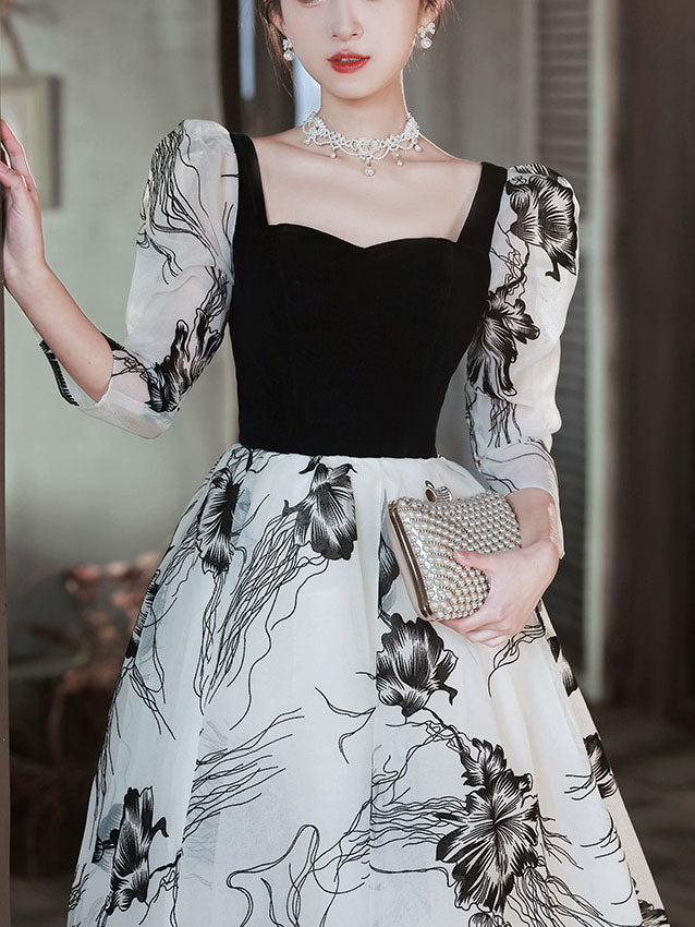 Color-block Floral Print A-Line Maxi Prom Dress