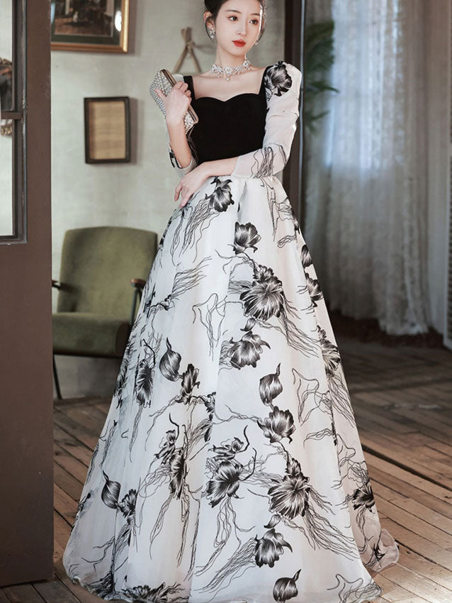 Color-block Floral Print A-Line Maxi Prom Dress