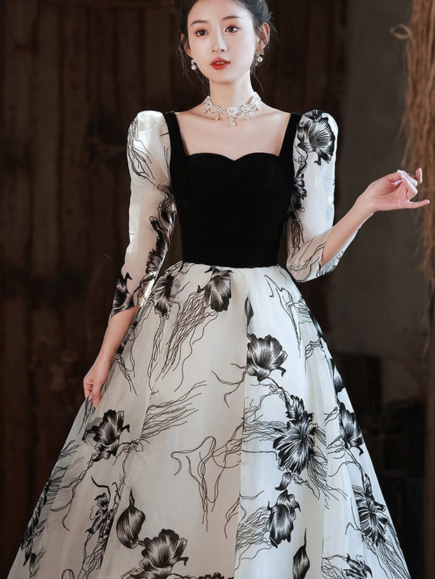 Color-block Floral Print A-Line Maxi Prom Dress