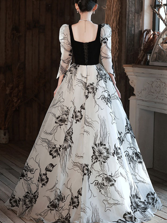 Color-block Floral Print A-Line Maxi Prom Dress
