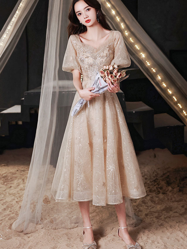 Sequined Puff Sleeve Fit & Flare Midi Dress