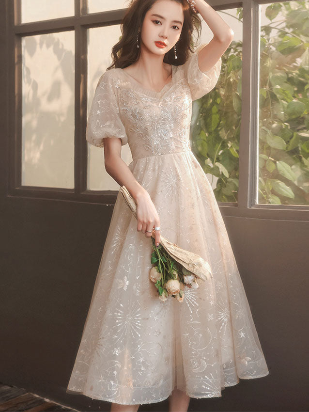 Sequined Puff Sleeve Fit & Flare Midi Dress