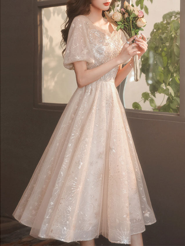 Sequined Puff Sleeve Fit & Flare Midi Dress