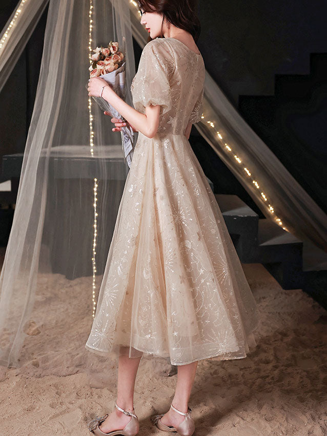 Sequined Puff Sleeve Fit & Flare Midi Dress