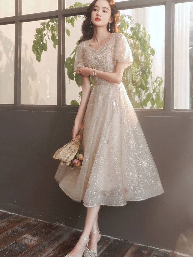 Sequined Puff Sleeve Fit & Flare Midi Dress
