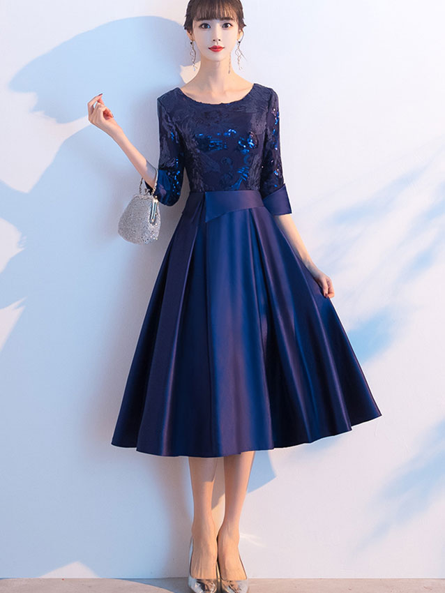 Sequined Blue Mothers Midi A-Line Party Dress