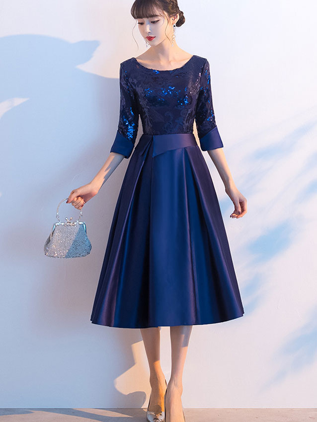 Sequined Blue Mothers Midi A-Line Party Dress