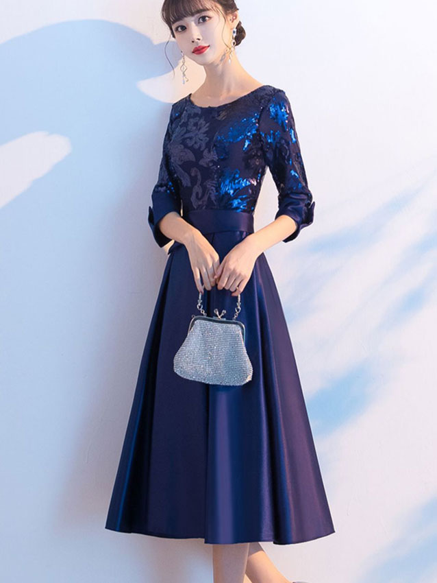 Sequined Blue Mothers Midi A-Line Party Dress