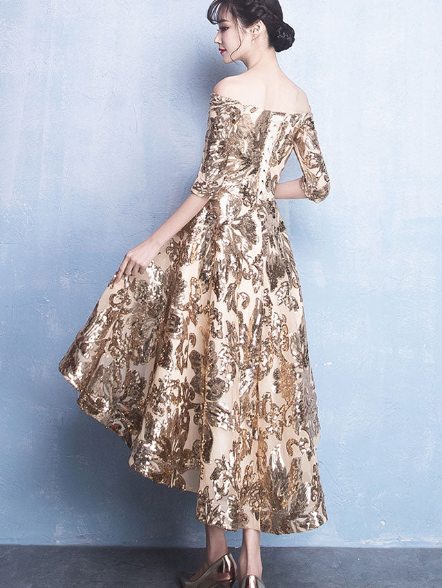 Gold Sequined Off Shoulder High Low Hem Dress
