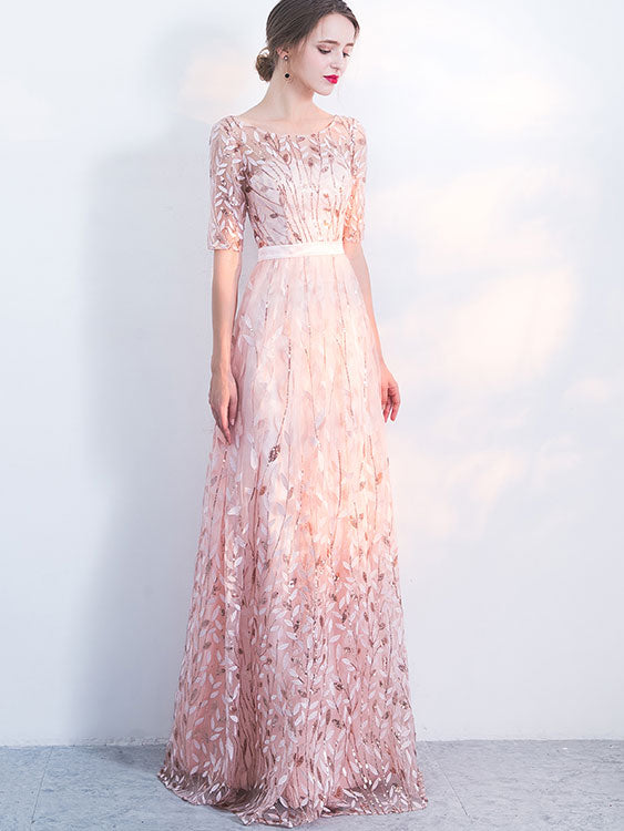 Pink Beige Sequined A-Line Full Length Prom Dress