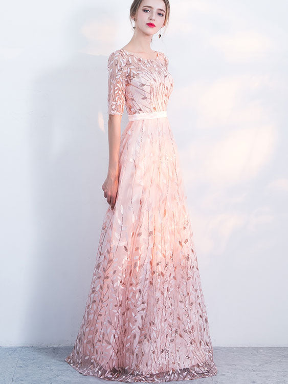 Pink Beige Sequined A-Line Full Length Prom Dress