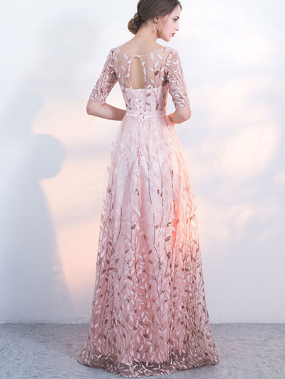 Pink Beige Sequined A-Line Full Length Prom Dress