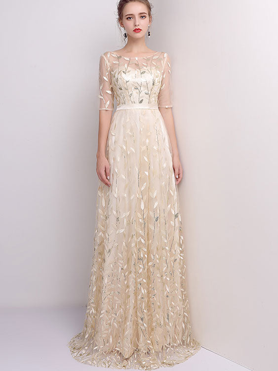 Pink Beige Sequined A-Line Full Length Prom Dress