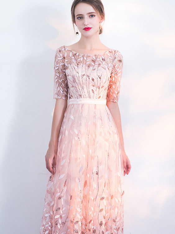 Pink Beige Sequined A-Line Full Length Prom Dress