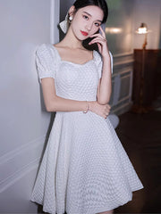White Plaid Square Neck Fit & Flare Party Dress