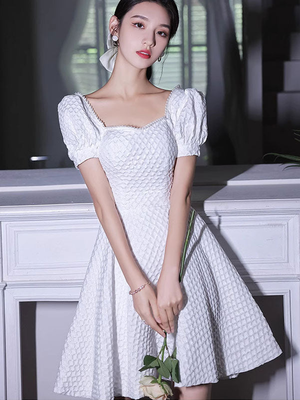 White Plaid Square Neck Fit & Flare Party Dress