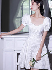 White Plaid Square Neck Fit & Flare Party Dress