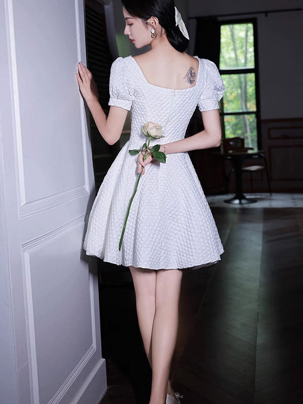 White Plaid Square Neck Fit & Flare Party Dress