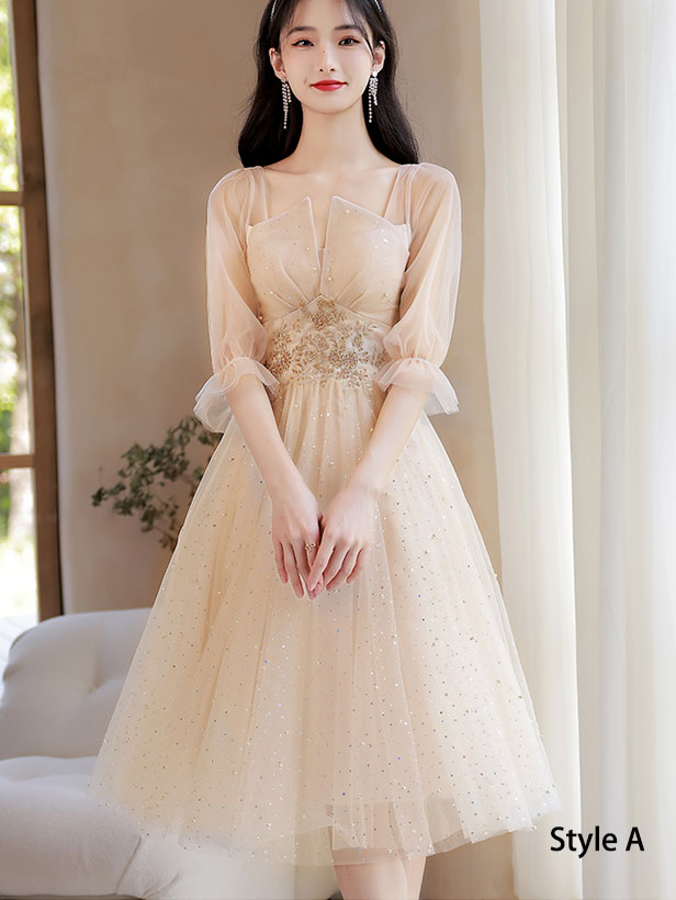 Champagne Bridesmaids Shimmery Mid A-Line Tulle Wedding Party Dress