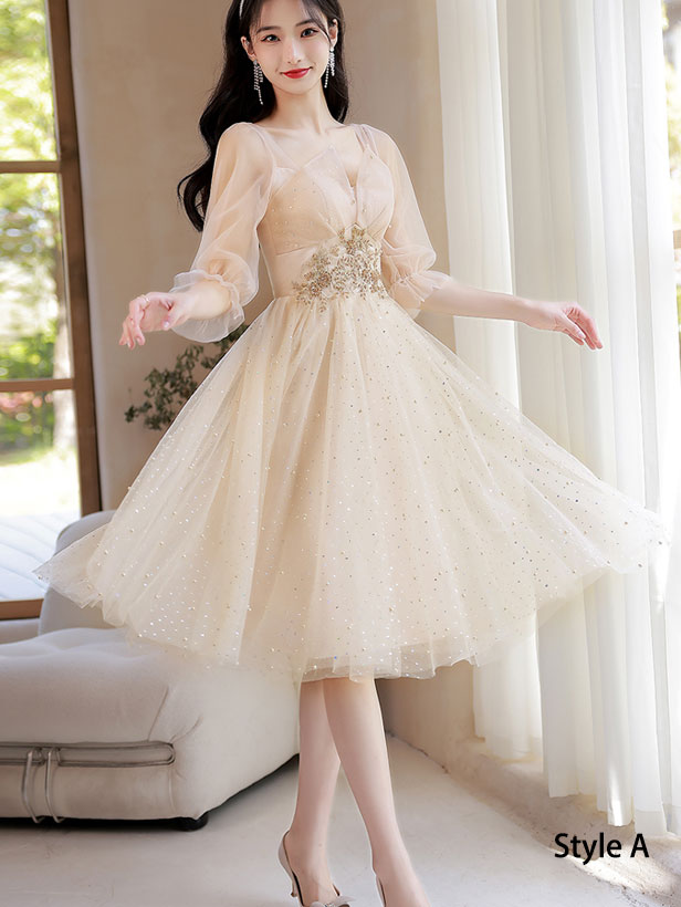 Champagne Bridesmaids Shimmery Mid A-Line Tulle Wedding Party Dress